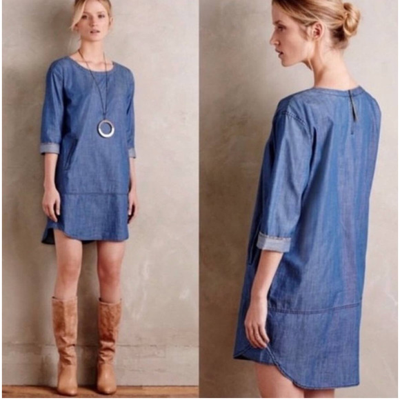Anthropologie HOLDING HORSES Merian Chambray Tunic Dress Oversize Chambray sz S